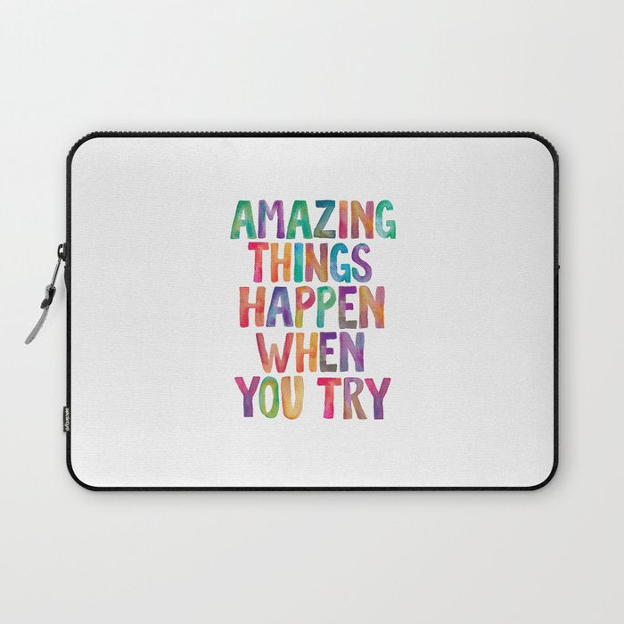 AMAZING THINGS HAPPEN WHEN YOU TRY rainbow watercolor Laptop Sleeve Gallery Image 1