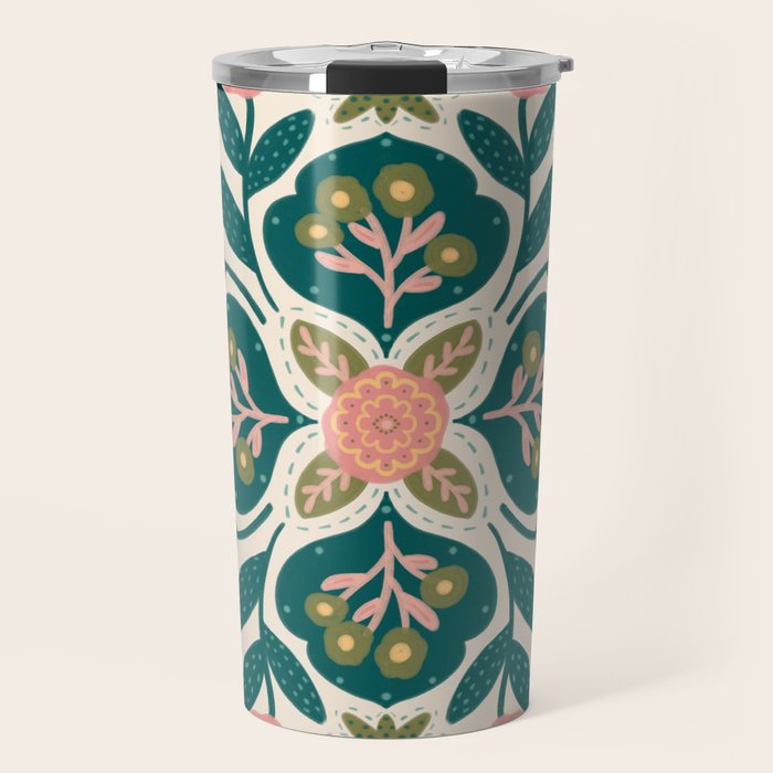 Indian Floral - pink and green  Travel Mug Gallery Image 1