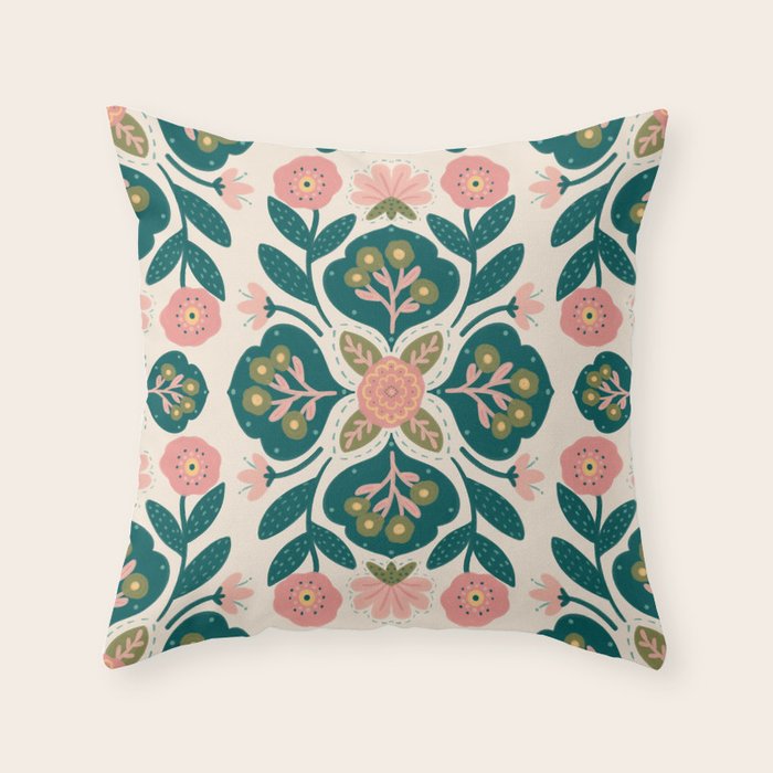 Indian Floral - pink and green  Throw Pillow Gallery Image 1