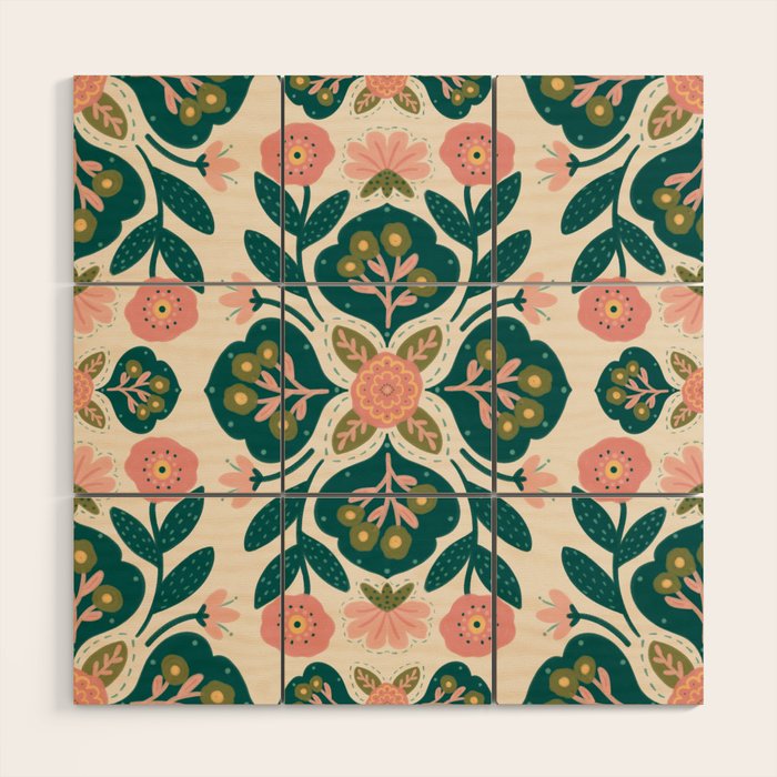 Indian Floral - pink and green  Wood Wall Art Gallery Image 1