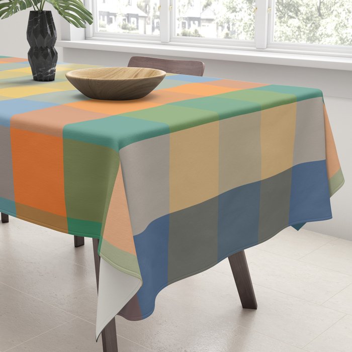 Colorful Retro Modern Stripe Check Pattern Blue Orange Green Yellow Tablecloth Gallery Image 3