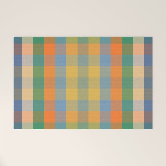 Colorful Retro Modern Stripe Check Pattern Blue Orange Green Yellow Welcome Mat Gallery Image 1