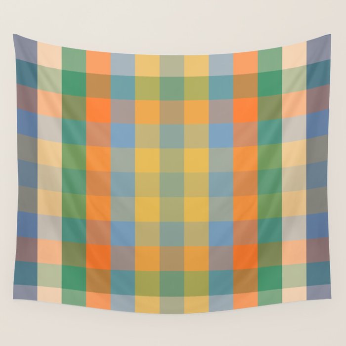 Colorful Retro Modern Stripe Check Pattern Blue Orange Green Yellow Wall Tapestry Gallery Image 4