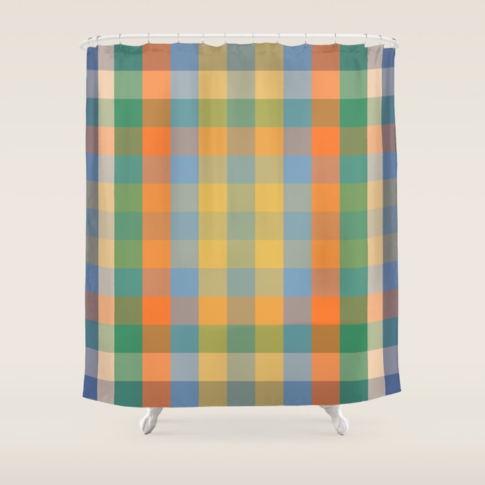 Colorful Retro Modern Stripe Check Pattern Blue Orange Green Yellow Shower Curtain Gallery Image 1