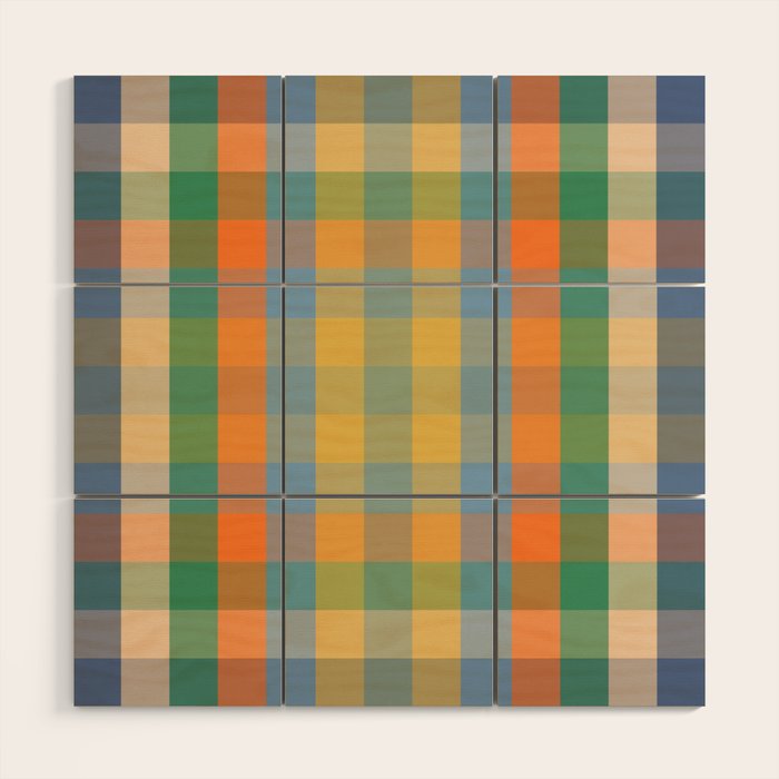 Colorful Retro Modern Stripe Check Pattern Blue Orange Green Yellow Wood Wall Art Gallery Image 1