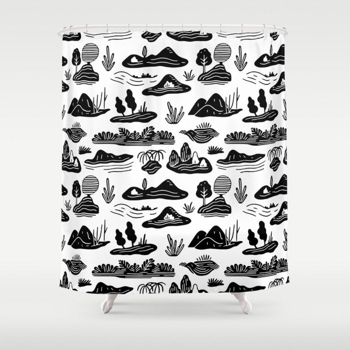 Black and white nature landscape doodle pattern Shower Curtain Gallery Image 1