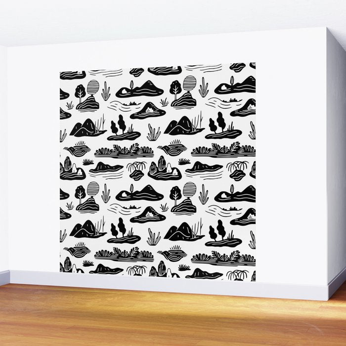 Black and white nature landscape doodle pattern Wall Mural Gallery Image 2
