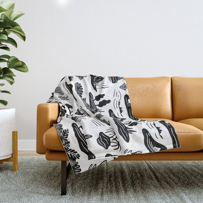 Black and white nature landscape doodle pattern Throw Blanket Gallery Image 1
