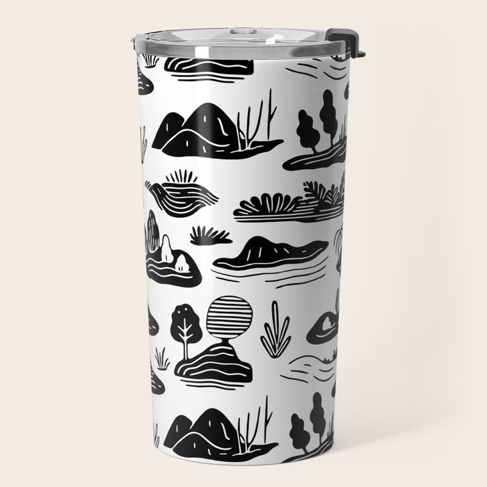 Black and white nature landscape doodle pattern Travel Mug Gallery Image 2