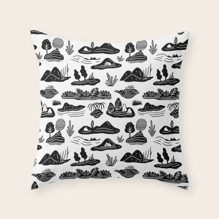 Black and white nature landscape doodle pattern Throw Pillow Gallery Image 6