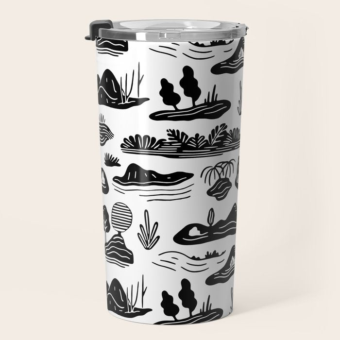 Black and white nature landscape doodle pattern Travel Mug Gallery Image 3