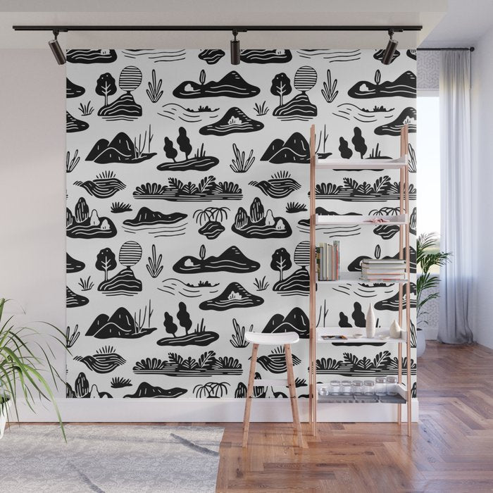 Black and white nature landscape doodle pattern Wall Mural Gallery Image 1