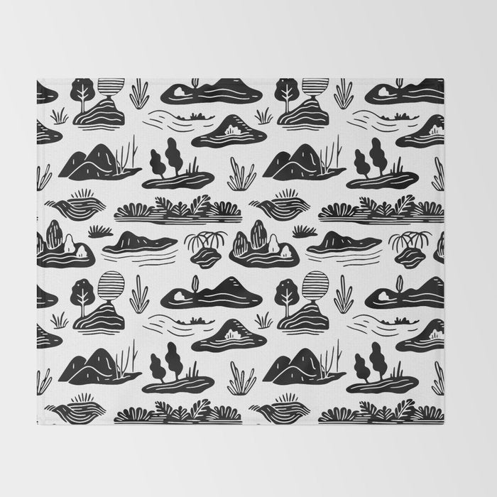 Black and white nature landscape doodle pattern Throw Blanket Gallery Image 2