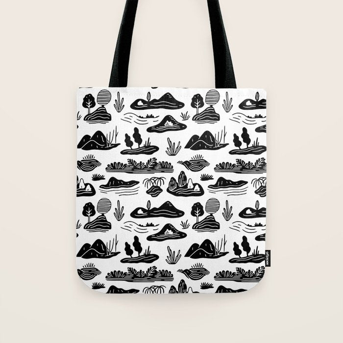 Black and white nature landscape doodle pattern Tote Bag Gallery Image 1