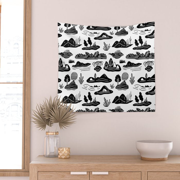 Black and white nature landscape doodle pattern Wall Tapestry Gallery Image 2