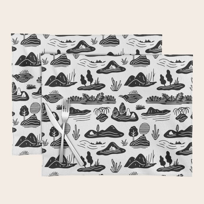 Black and white nature landscape doodle pattern Placemat Gallery Image 1