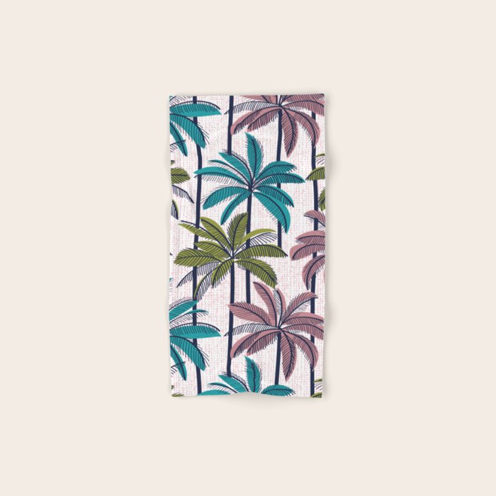 Retro Palm Springs vibes // white background highball green peacock blue and dry rose palm trees oxford navy blue lines Bath Towel Gallery Image 1