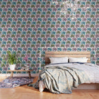 Retro Palm Springs vibes // white background highball green peacock blue and dry rose palm trees oxford navy blue lines Wallpaper Gallery Image 3