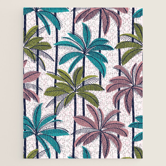 Retro Palm Springs vibes // white background highball green peacock blue and dry rose palm trees oxford navy blue lines Jigsaw Puzzle Gallery Image 1