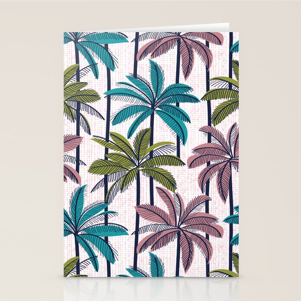 Retro Palm Springs vibes // white background highball green peacock blue and dry rose palm trees oxford navy blue lines Stationery Card Gallery Image 2