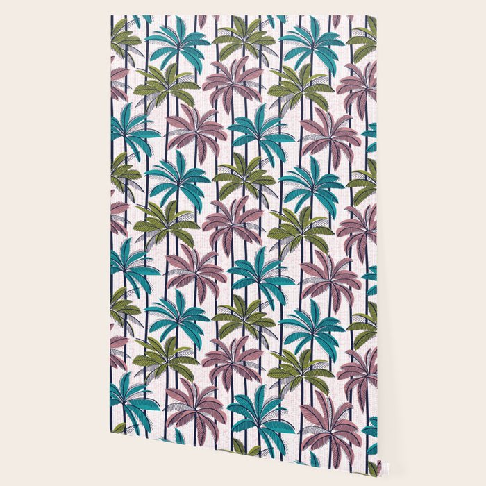 Retro Palm Springs vibes // white background highball green peacock blue and dry rose palm trees oxford navy blue lines Wallpaper Gallery Image 2