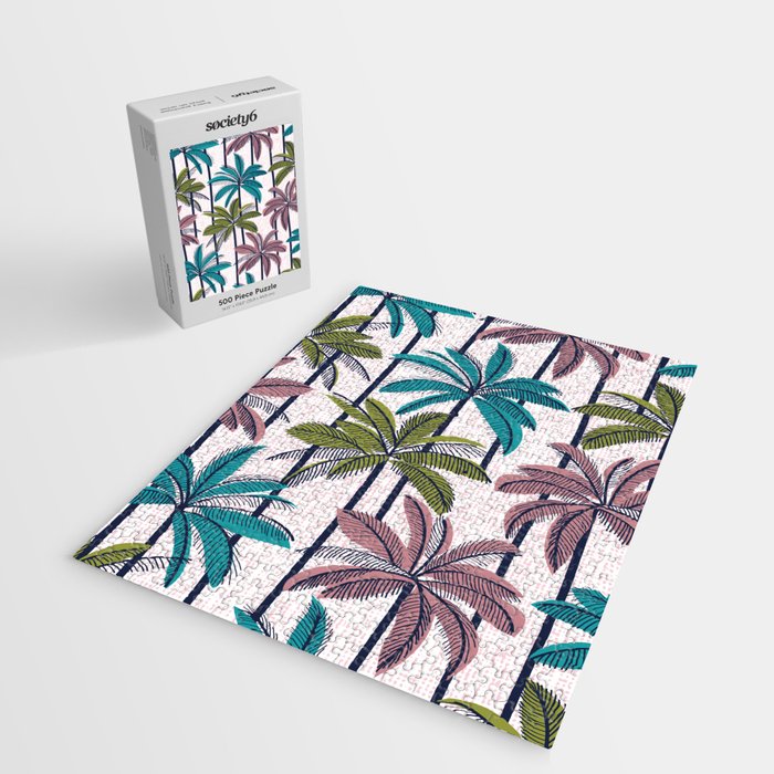 Retro Palm Springs vibes // white background highball green peacock blue and dry rose palm trees oxford navy blue lines Jigsaw Puzzle Gallery Image 2