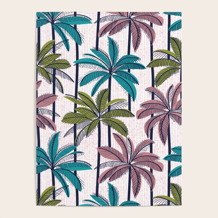 Retro Palm Springs vibes // white background highball green peacock blue and dry rose palm trees oxford navy blue lines Poster Gallery Image 4