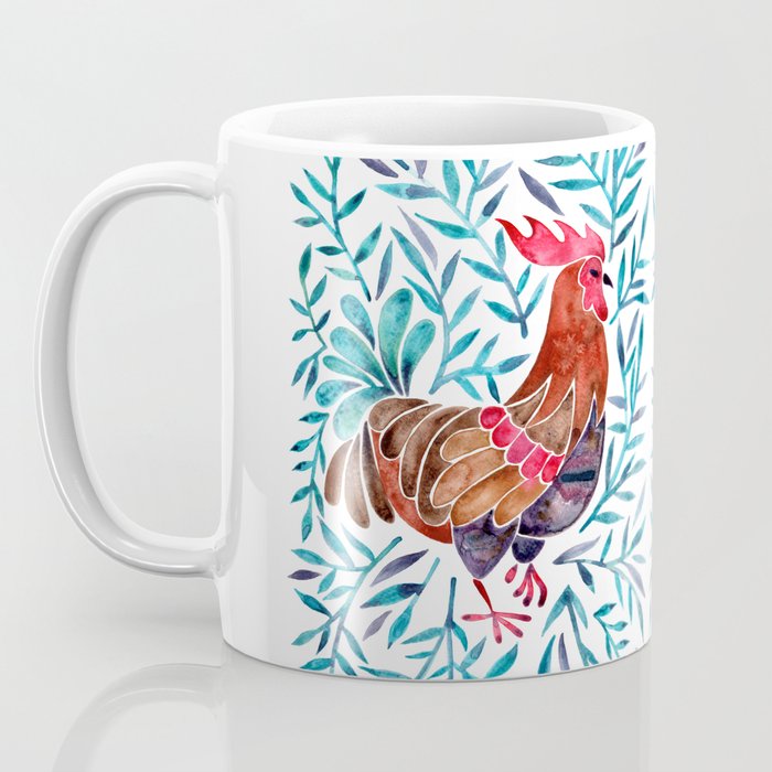 Le Coq - Watercolor Rooster with Turquoise Leaves Coffee Mug Gallery Image 3