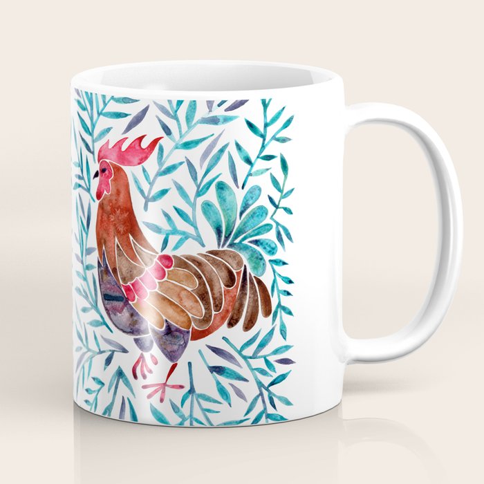 Le Coq - Watercolor Rooster with Turquoise Leaves Coffee Mug Gallery Image 1