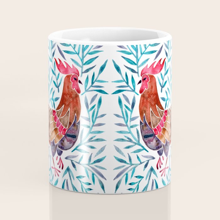 Le Coq - Watercolor Rooster with Turquoise Leaves Coffee Mug Gallery Image 4
