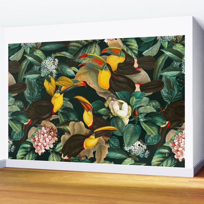 Floral and Birds Vintage Garden Night II Wall Mural Gallery Image 2