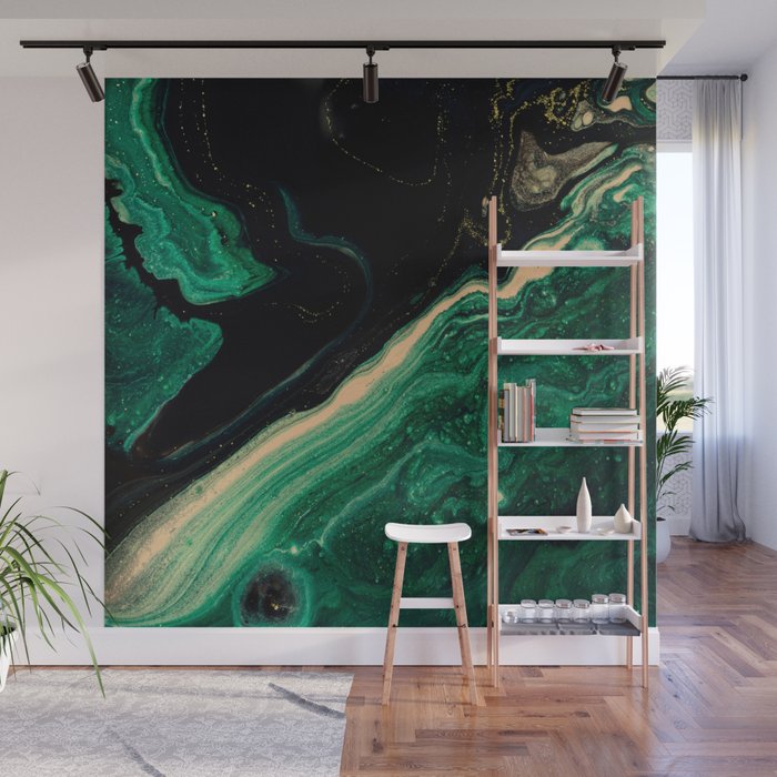 Abstract Pour Painting Liquid Marble Abstract Dark Green Painting Gold Accent Agate Stone Layers Wall Mural Gallery Image 1
