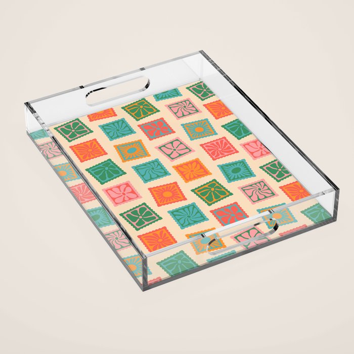 Vintage flower postage stamp pattern Acrylic Tray Gallery Image 1