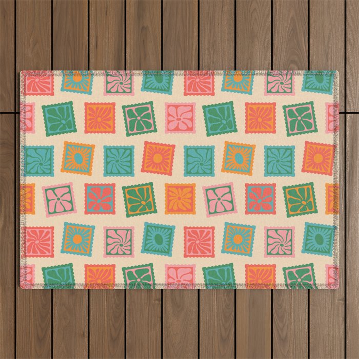 Vintage flower postage stamp pattern Outdoor Rug Gallery Image 1