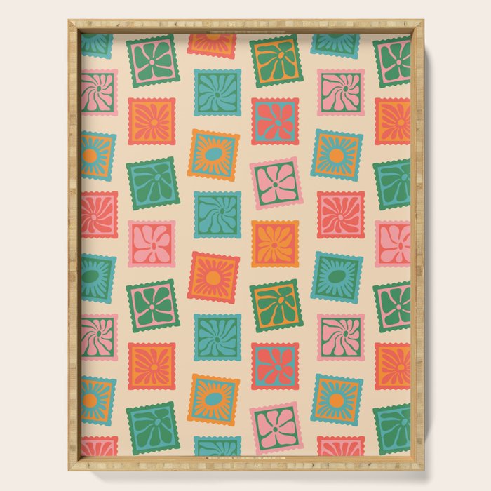 Vintage flower postage stamp pattern Serving Tray Gallery Image 1