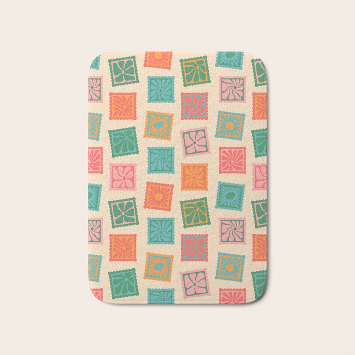 Vintage flower postage stamp pattern Bath Mat Gallery Image 1
