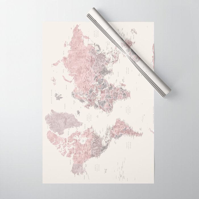 Dusty pink and cream watercolor detailed world map Madelia Wrapping Paper Gallery Image 1