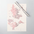 Dusty pink and cream watercolor detailed world map Madelia Wrapping Paper Gallery Image 1
