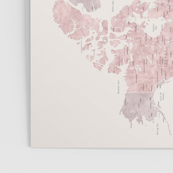 Dusty pink and cream watercolor detailed world map Madelia Poster Gallery Image 3