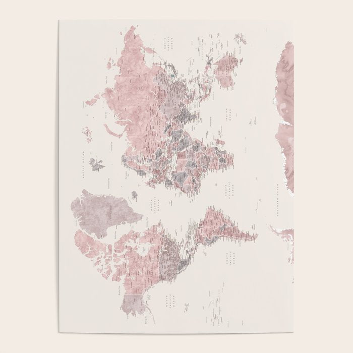 Dusty pink and cream watercolor detailed world map Madelia Poster Gallery Image 4