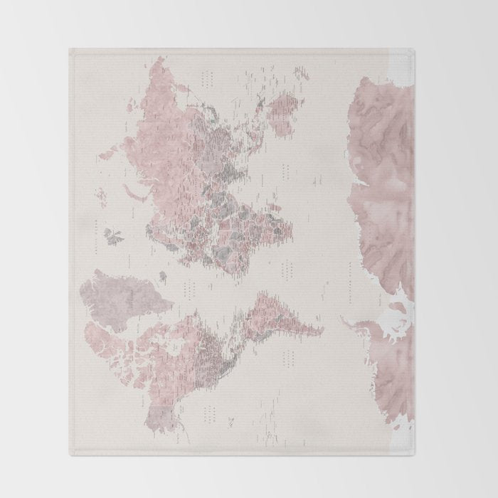 Dusty pink and cream watercolor detailed world map Madelia Throw Blanket Gallery Image 2