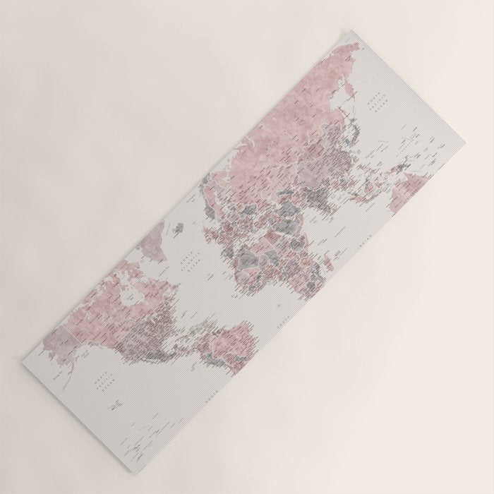 Dusty pink and cream watercolor detailed world map Madelia Yoga Mat Gallery Image 1