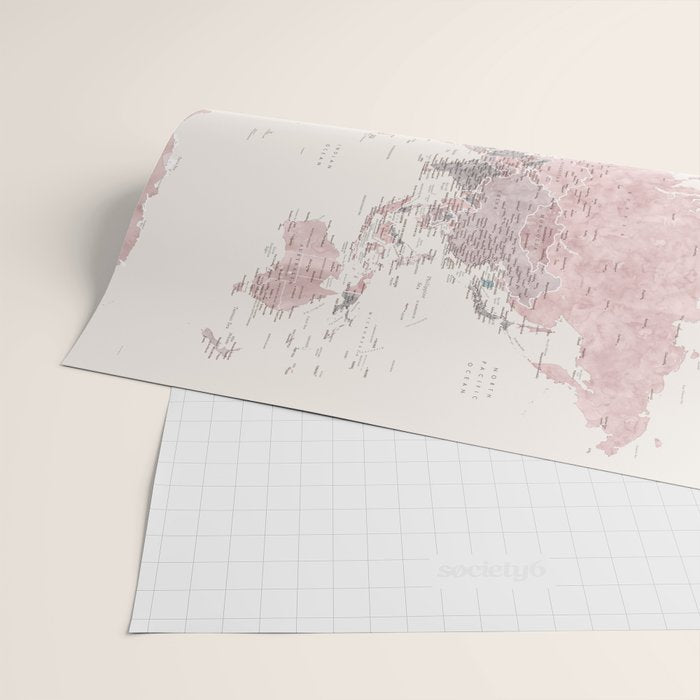 Dusty pink and cream watercolor detailed world map Madelia Wrapping Paper Gallery Image 2