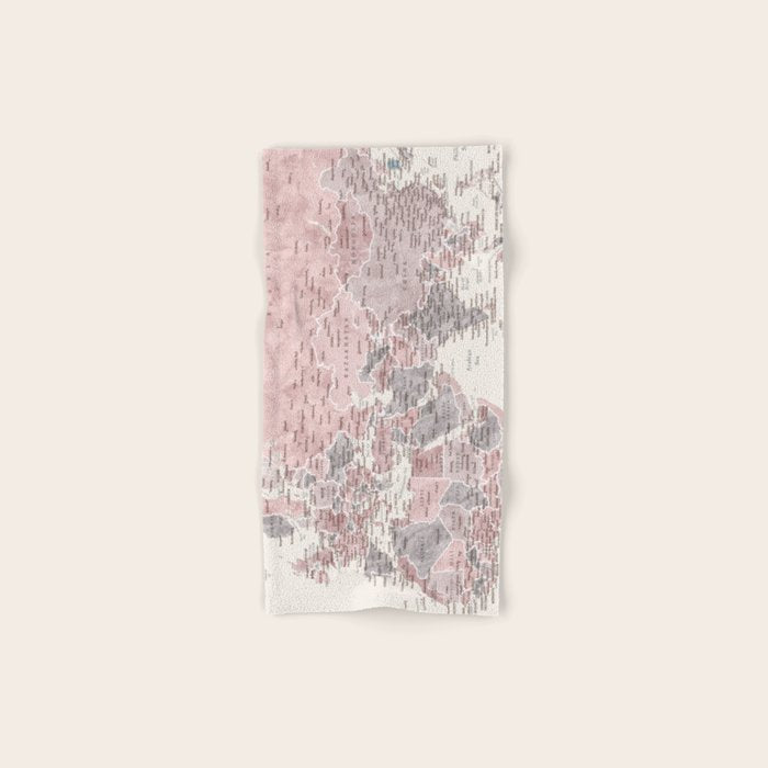 Dusty pink and cream watercolor detailed world map Madelia Bath Towel Gallery Image 1