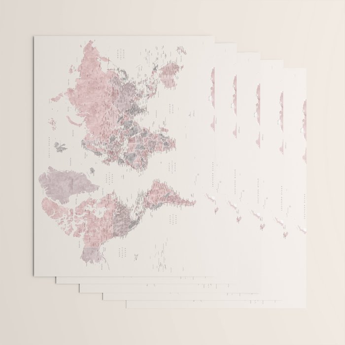 Dusty pink and cream watercolor detailed world map Madelia Wrapping Paper Gallery Image 3