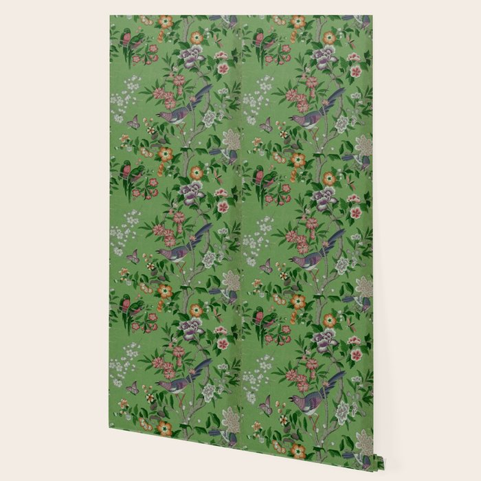 Chinoiserie Magpie Peony Garden Summer Green Wallpaper Gallery Image 2