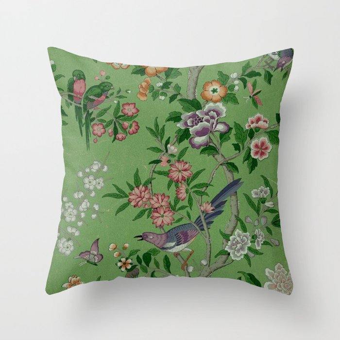 Chinoiserie Magpie Peony Garden Summer Green Throw Pillow Gallery Image 1