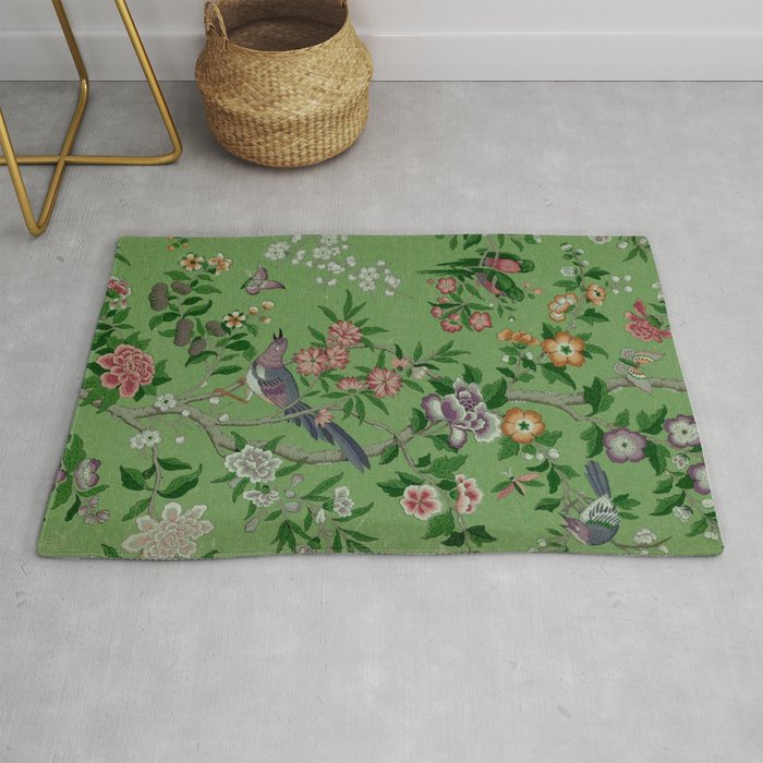 Chinoiserie Magpie Peony Garden Summer Green Rug Gallery Image 1