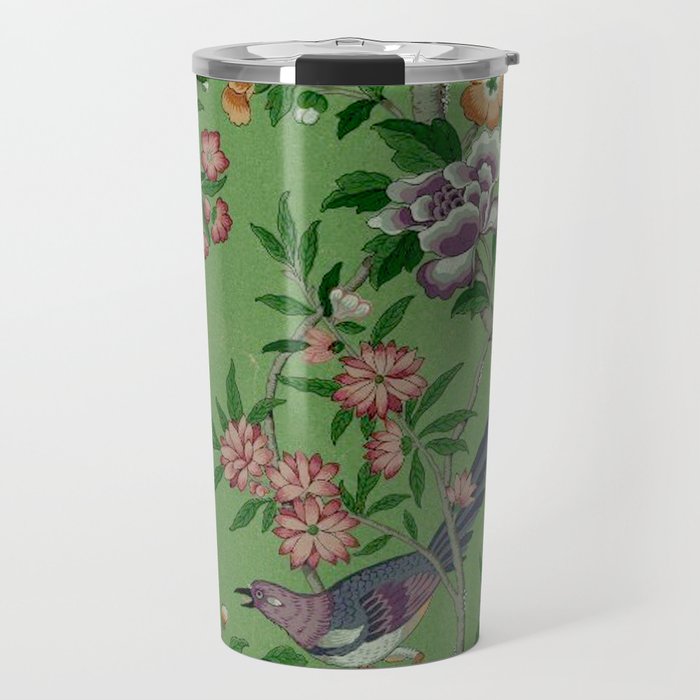 Chinoiserie Magpie Peony Garden Summer Green Travel Mug Gallery Image 1