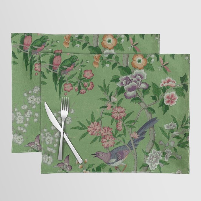 Chinoiserie Magpie Peony Garden Summer Green Placemat Gallery Image 1